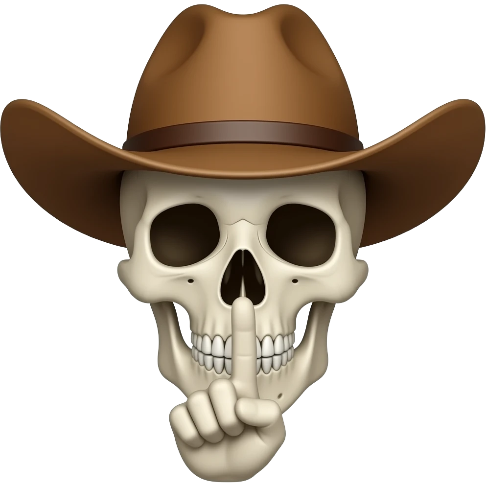 Cowboy Skull with his index finger to his lips, shhhh, palm facing his face emoji
