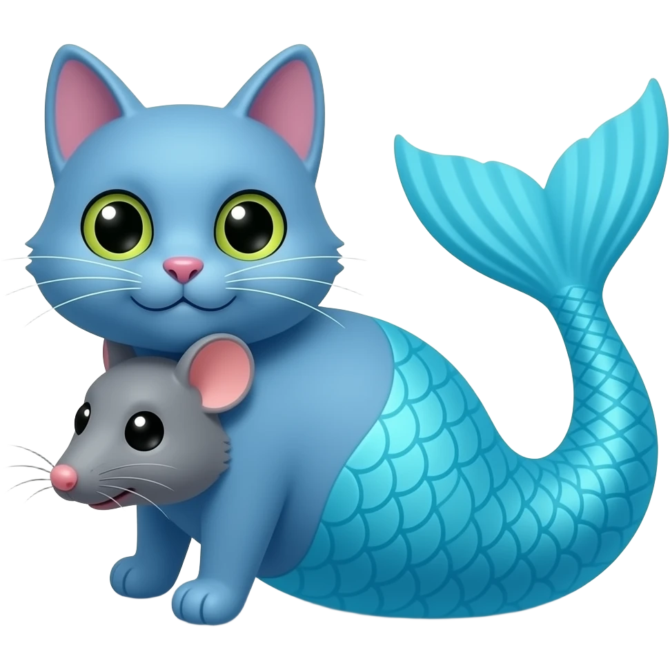 A blue cat with long #B8FFFF mermaid tail swallowed a whole rat emoji