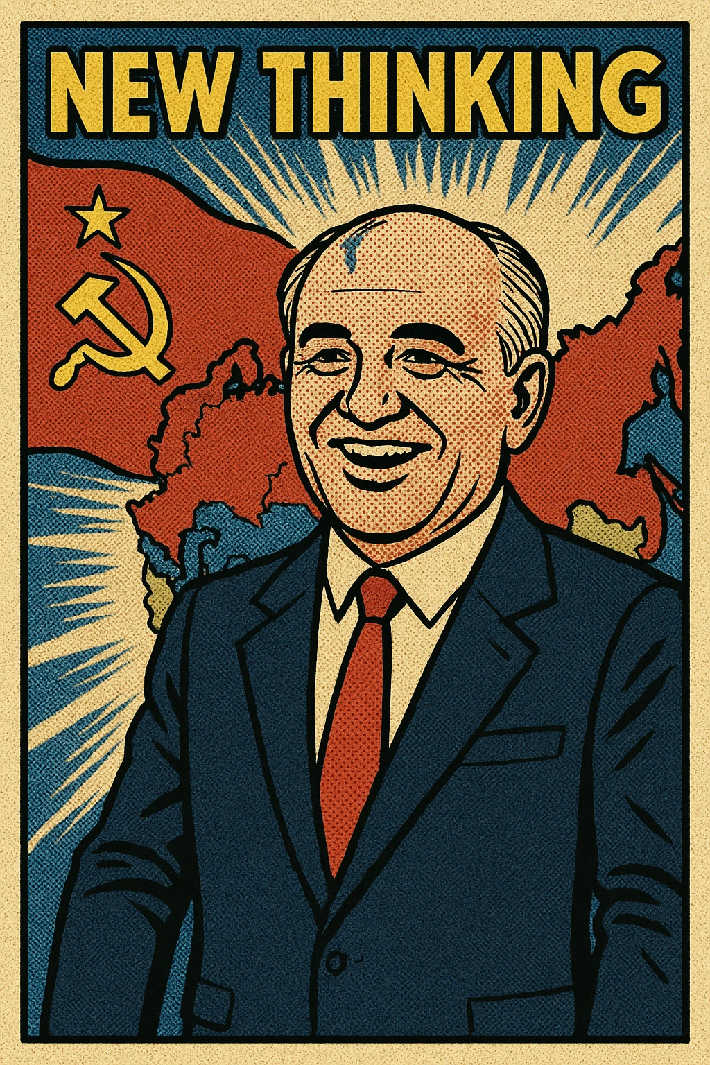 The full body of Soviet leader Mikhail Gorbachev with a smile on his face with a map of the Soviet Union and Eastern Europe in the background with the communist flag and a heading which reads 'New Thinking' emoji