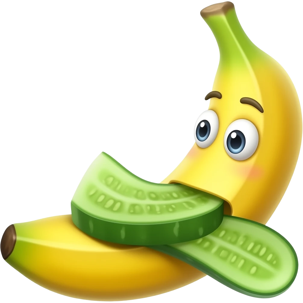 Un plátano con ojos y nariz  y un pepino én la boca emoji