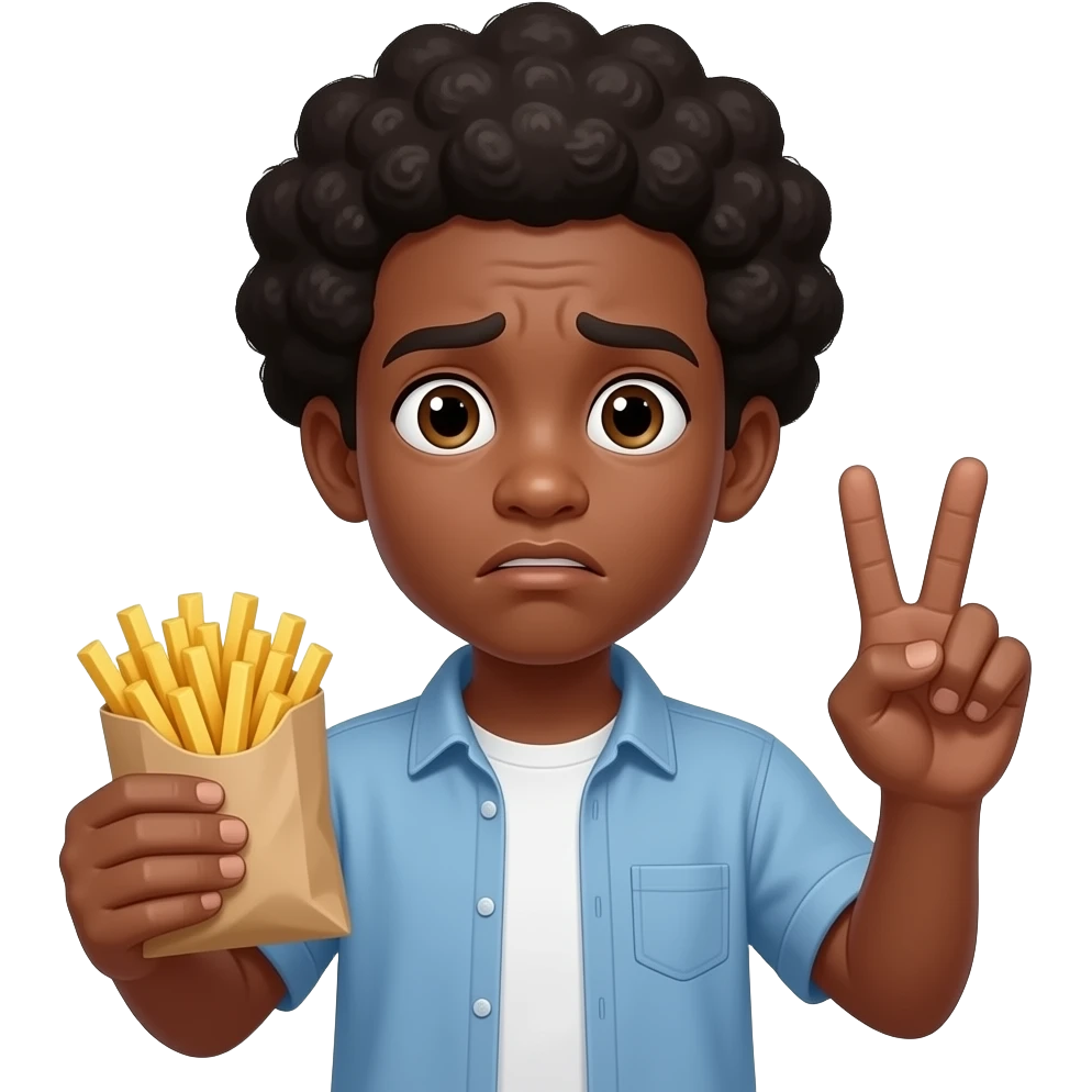 Black apple emoji teen guy with Afro confused  while holding fries jn the bag , holding up peace sign emoji