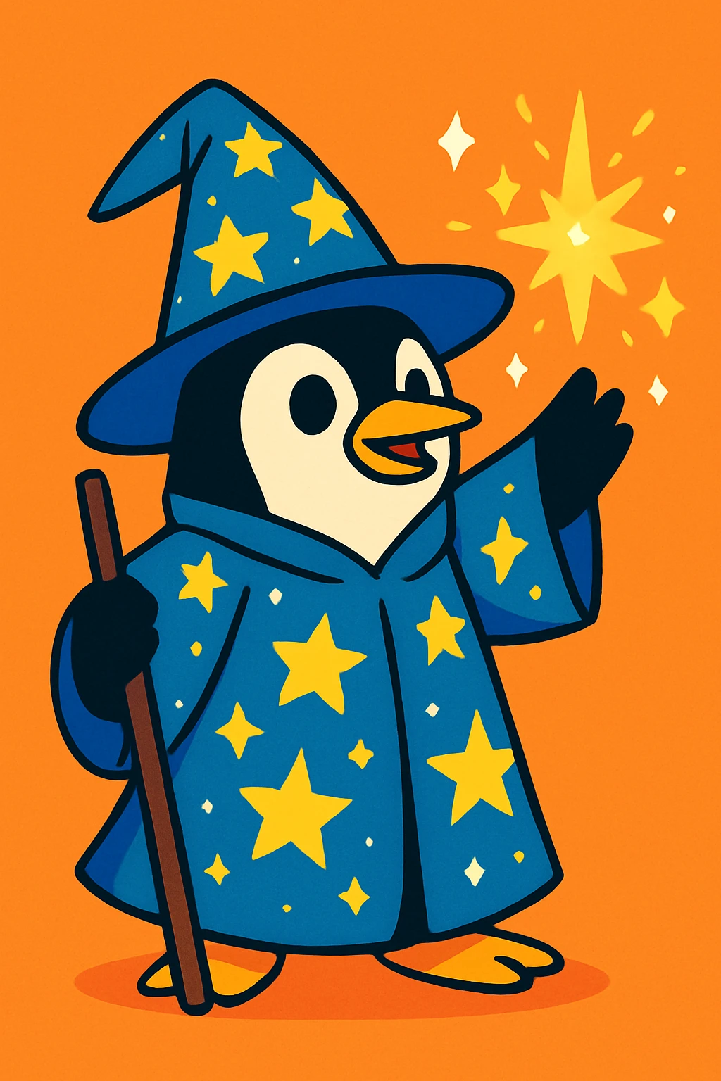 vibrant style penguin wizard casting a spell, with sparkles and a starry robe emoji