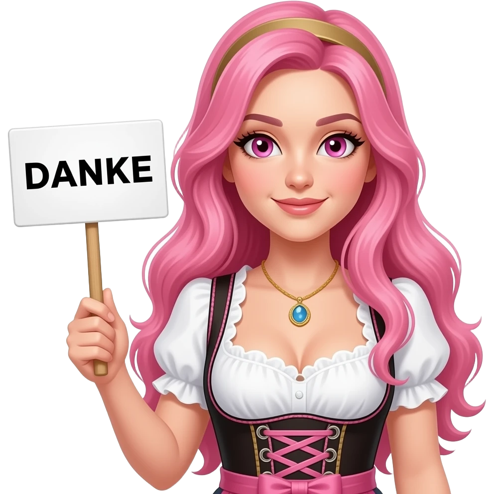 sexy girl with long pink hair and pink eyes wearing a dirndl holding a DANKE sign emoji
