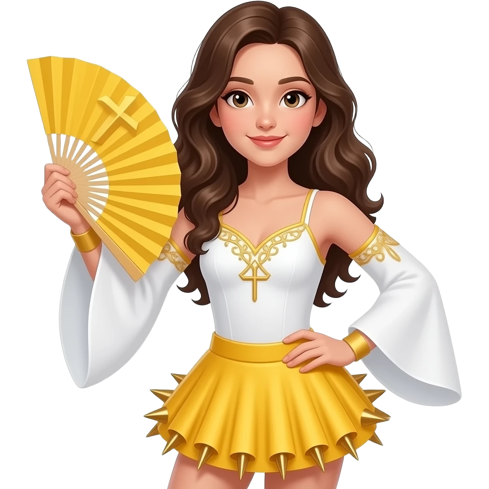 Una chica con el cabello ondulado vestida de danza cristiana con una enguatada blanca y una falda de picos de color amarillo y un abanico de lienzo amarillo largo emoji
