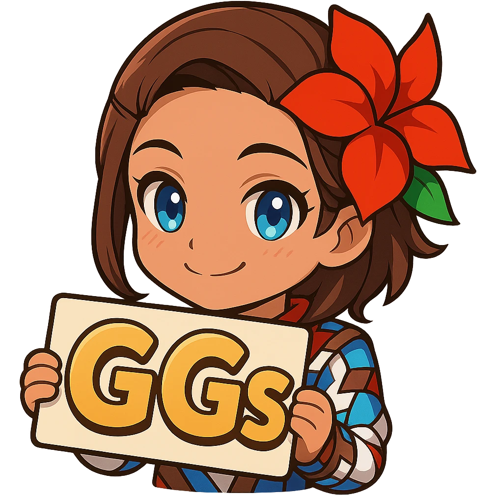 Azucena from Tekken 8 in chibi sticker style, holding a sign that says 'GGs' with a happy expression, designed for Twitch stream art. emoji