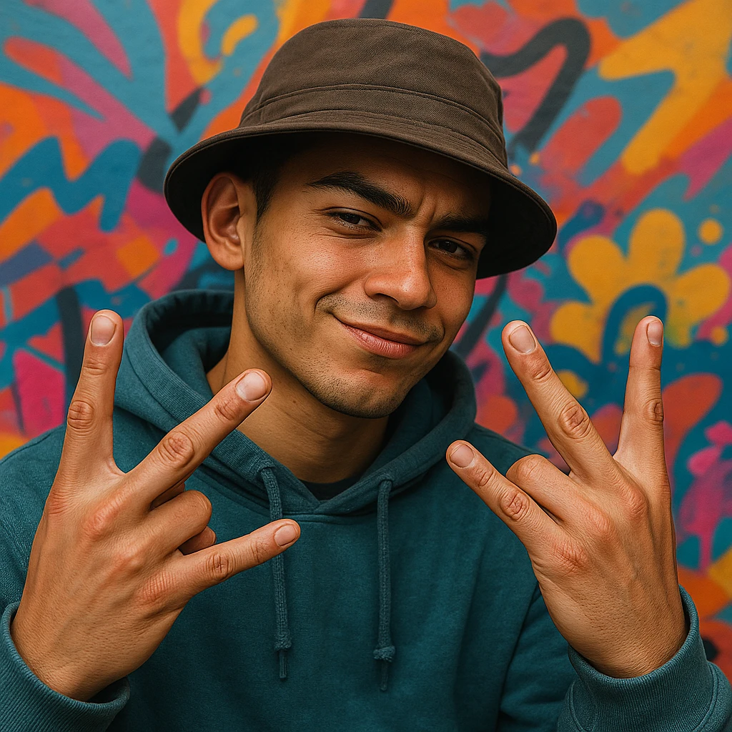Make this sly cartoon figure look more realistic, maintain the YVL hand sign on both hands, graffiti-inspired, confident pose, realistic facial features and hands. Enhance the image with lifelike details while preserving the original character's attitude. emoji