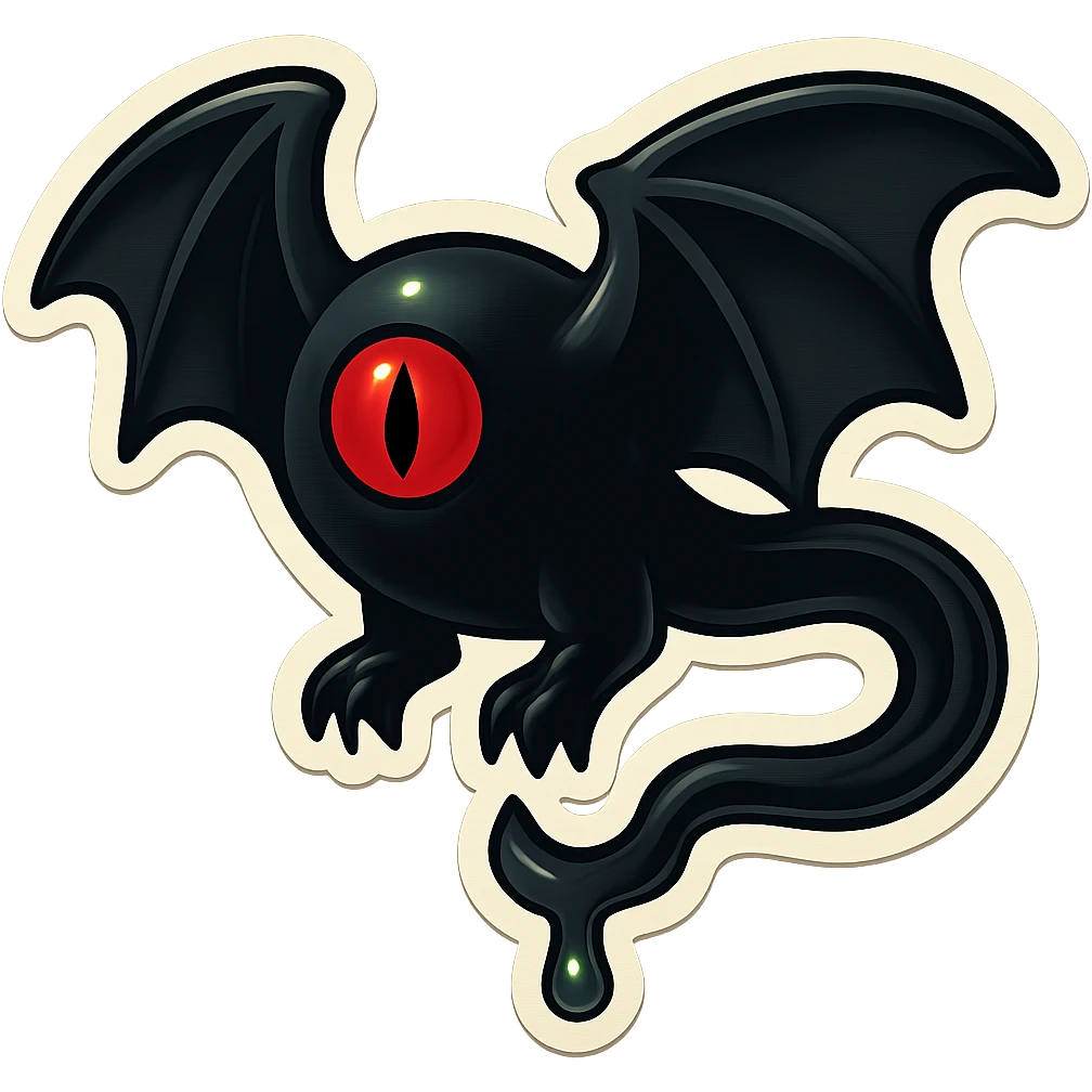an all black reptilian bat-like creature. One cyclopian red eye in its face. no visible mouth or ears. 2 hind legs with claws. has a long tale with a stinger that drips green poison. no ears. no horns. no arms. visible bone-like stinger at end of tail emoji