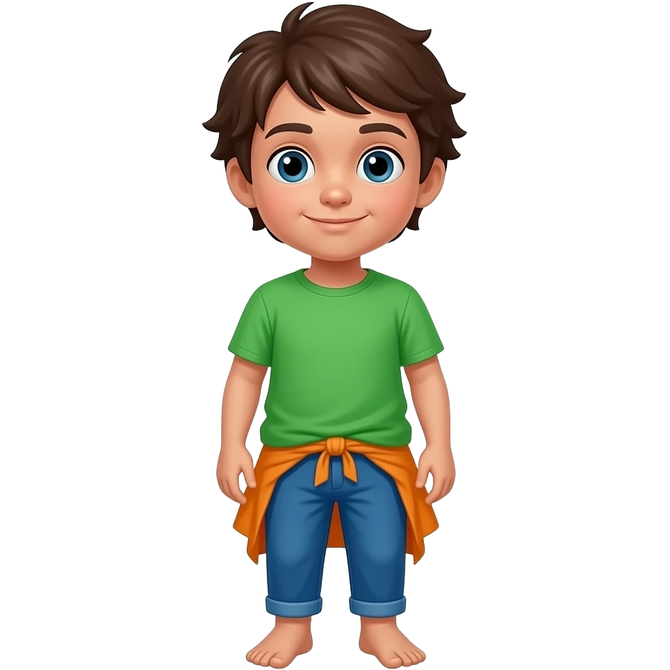 Kid wearing a green shirt and blue and orange pants no shoes emoji