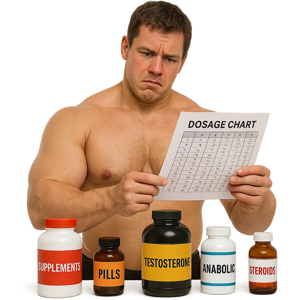 realistic inexperienced bodybuilder consulting complicated dosage chart, surrounded by bottles with different labels, puzzled expression, swollen but undefined muscles, white background, 4K quality emoji