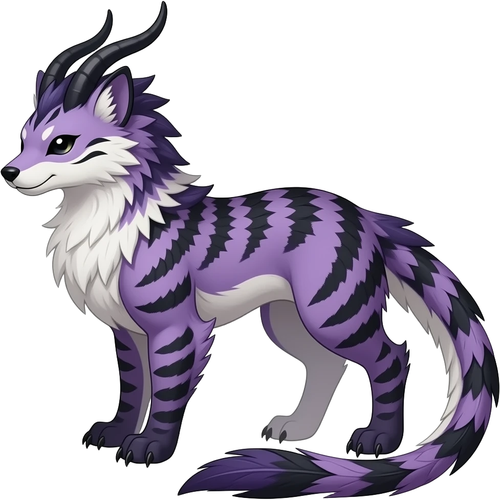 Thylacine-stripe-patterned majestic feathery elegant realistic stylish Furry, feathery fluffy tropical flecked painted feathery scaly, Purple, white, black, Minccino-Bambino-Lykoi-Linoone-Zangoose-fusion-hybrid-animal-Fakémon-creature, full body, thin long sleek scaly tail, intricate markings emoji