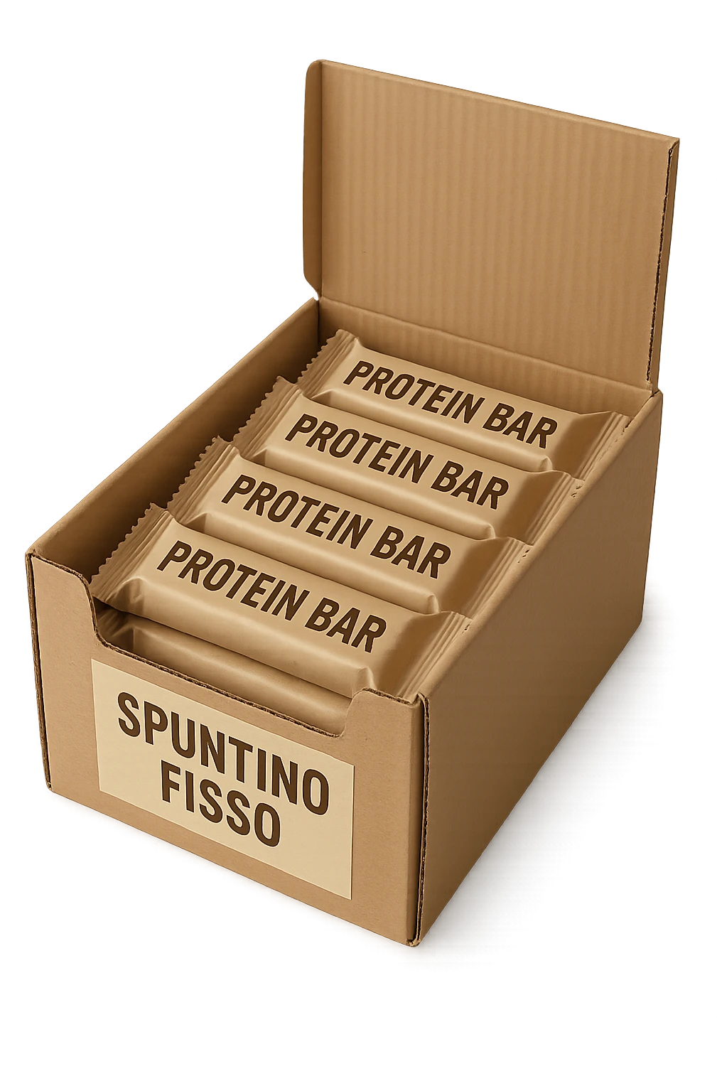 scatola aperta piena di barrette proteiche, con la scritta "SPUNTINO FISSO" SULLA CONFEZIONE in italiano,  realistici emoji