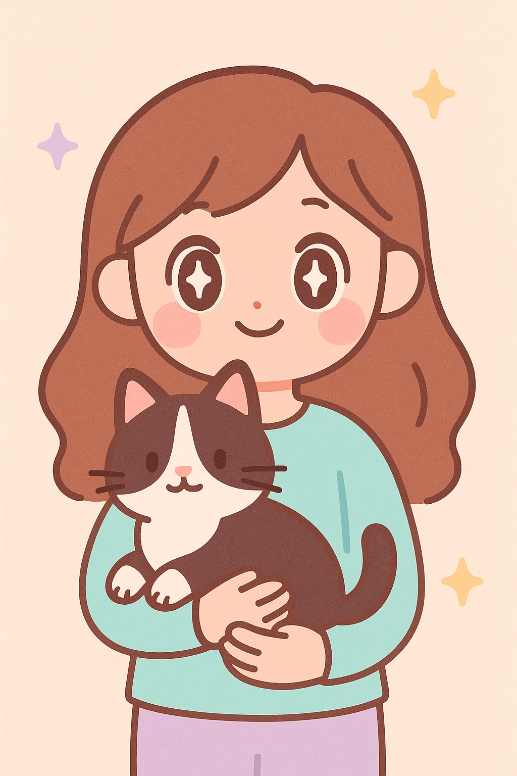 a person with brown long hair holding a black and white cat, cute cartoon style emoji