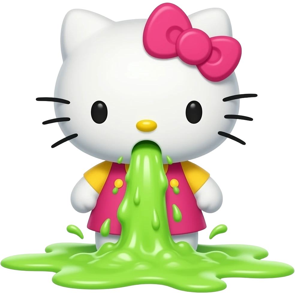 A hello kitty is vomiting neon green through her mouth, spewing it out onto the floor at her feet niagara emoji