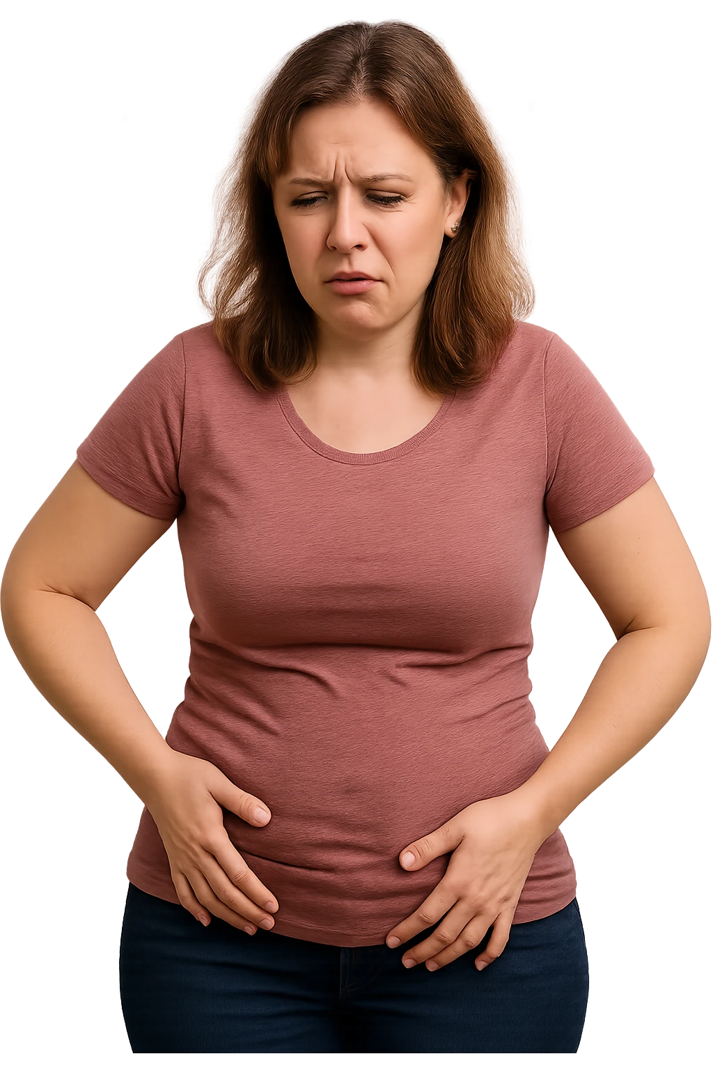 realistic woman, frustrated or dissatisfied expression, complaining about her body weight, posture showing discomfort, no background, 2:3 aspect ratio emoji