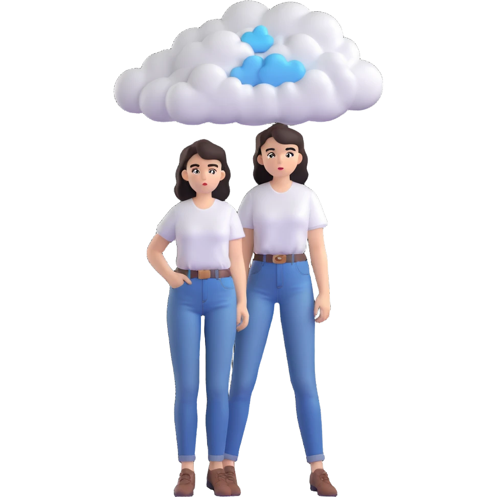 Replace the lamp above the woman's head with a cloud of thoughts containing Figma and UI design elements, maintaining the same 3D cartoon style and transparent background. emoji
