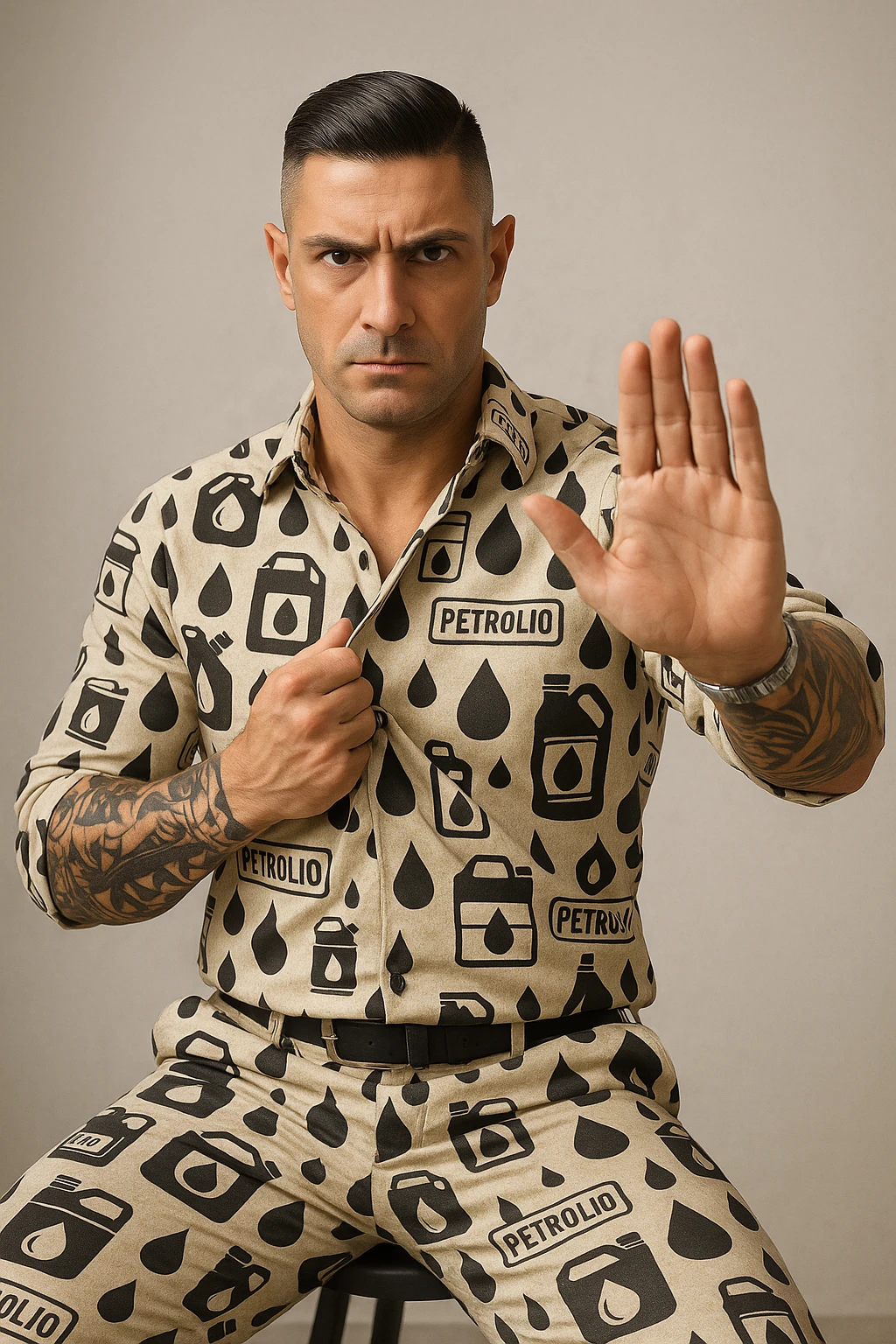 Create a very realistic vertical image (2:3) of a man similar to the reference photo holding clothes made of oil symbols such as oil cans, black drops, and labels reading 'petrolio'. The man has a serious expression and a decisive gesture of refusal, as if rejecting the oil clothes. The background is neutral with natural details and a professional atmosphere. emoji