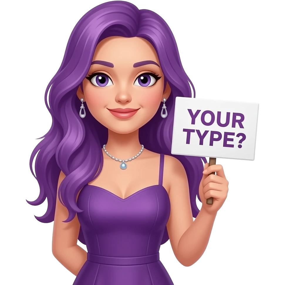 sexy girl with long purple hair dress holding a ....YOUR TYPE? sign emoji