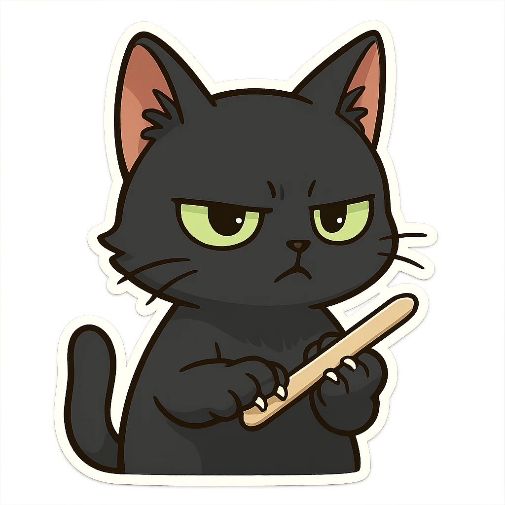 A black cat with an impatient expression is sharpening its claws with a nail knife emoji