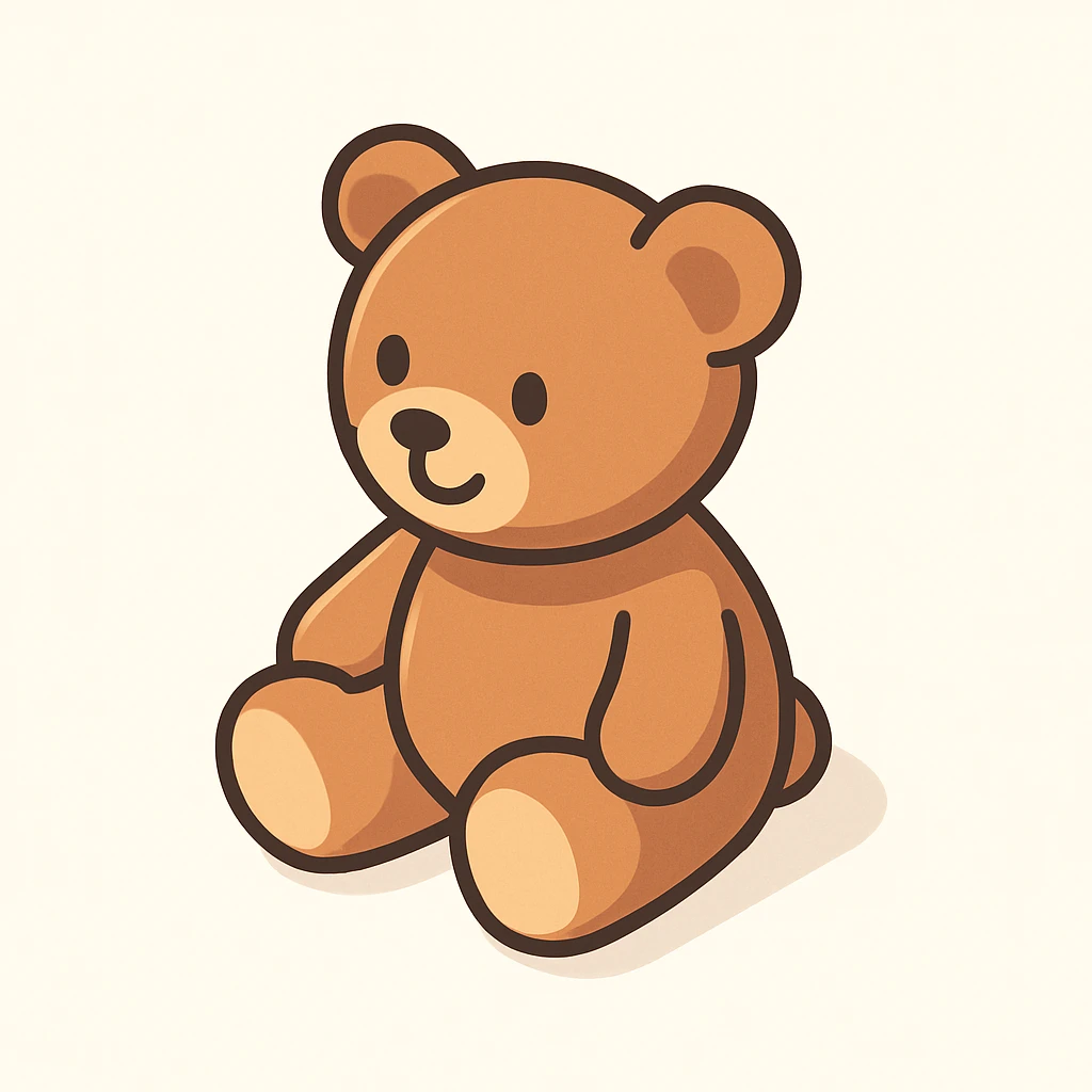 friendly cartoon icon style teddy bear sitting pose rounded and minimal features isometric top-side angle clean white background emoji