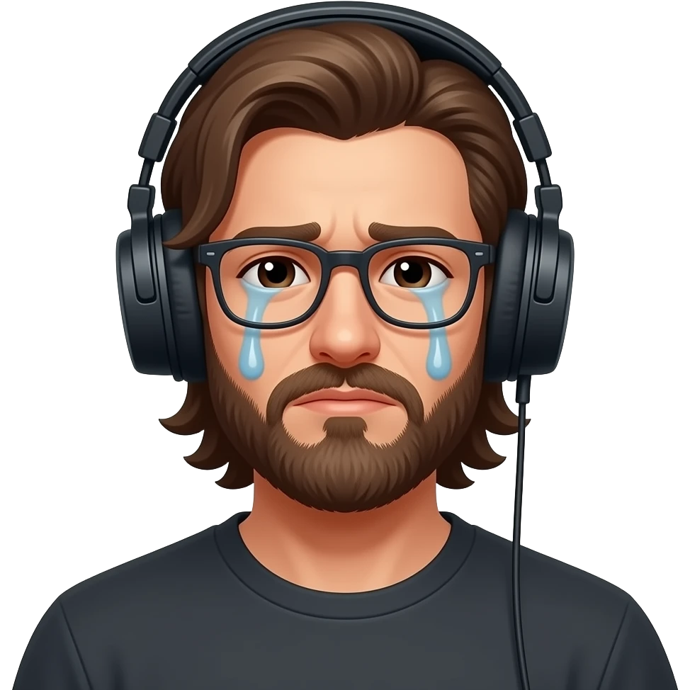 homme, casque jeux, pleure, cheveux long, brun, barbu, lunette emoji