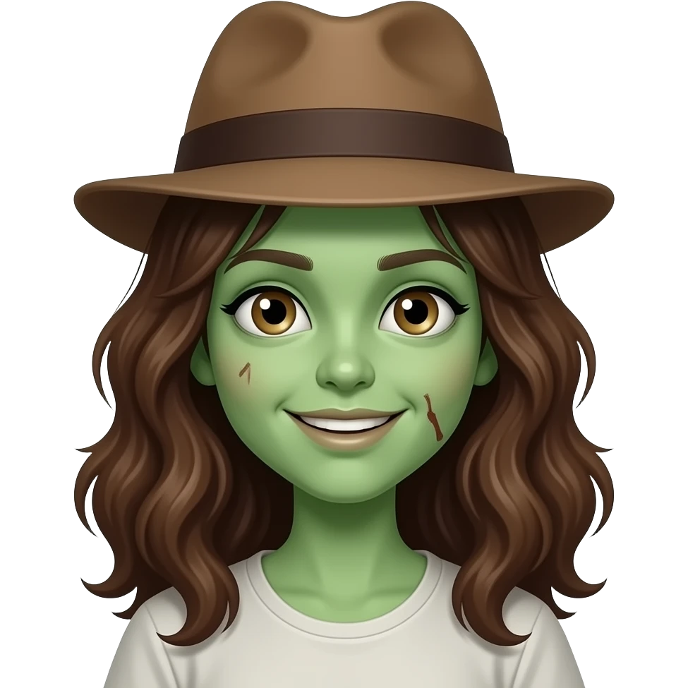 Uma menina zumbi de pele verde, cabelo marrom ondulado, boné de lado emoji