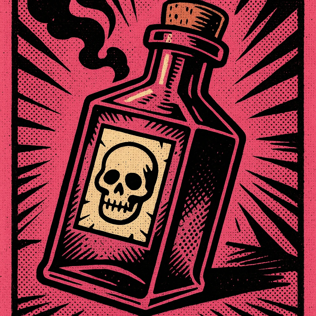 pink goth potion bottle, old school comic book style, dramatic and gothic emoji