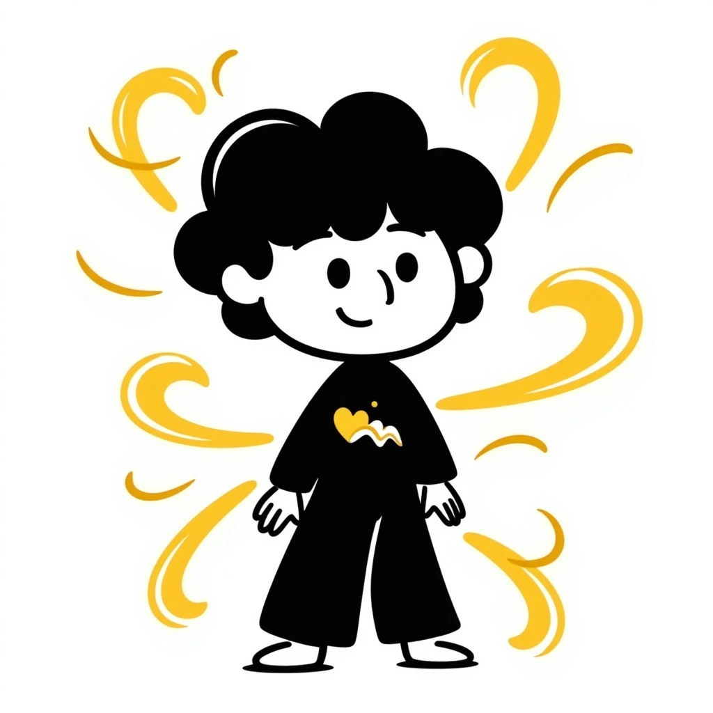 an avatar surrounded by yellow swirls, hand-drawn doodle style emoji