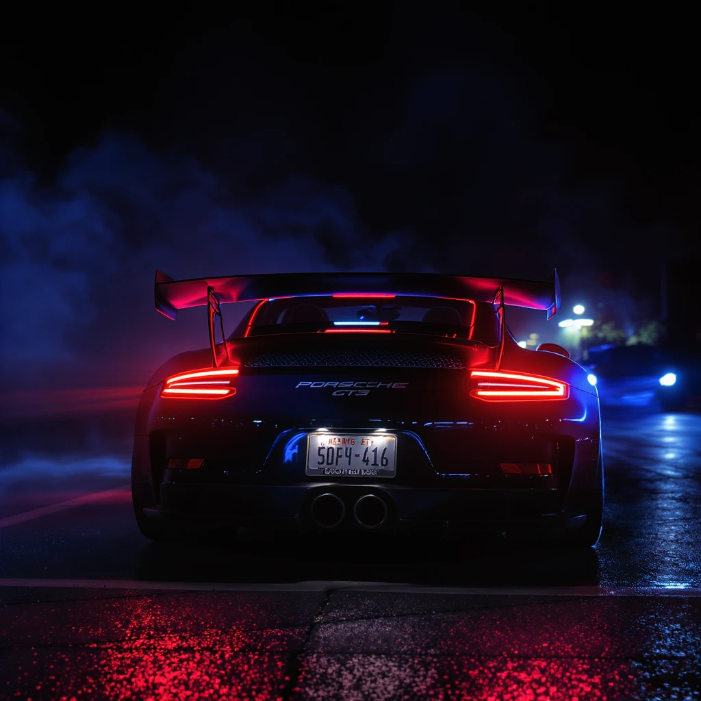 Shot and Directed by Quentin Tarantino, Cinematic still of a porsche 911, gt3 rs, night photo, red lights and blue bright night  emoji