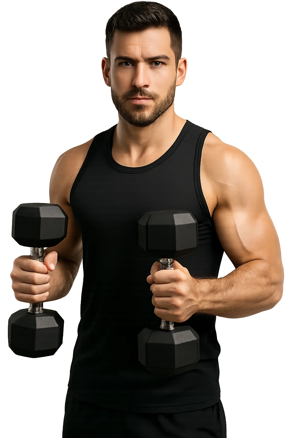 uomo fitness in forma con manubri da palestra in mano, isolata su sfondo bianco emoji