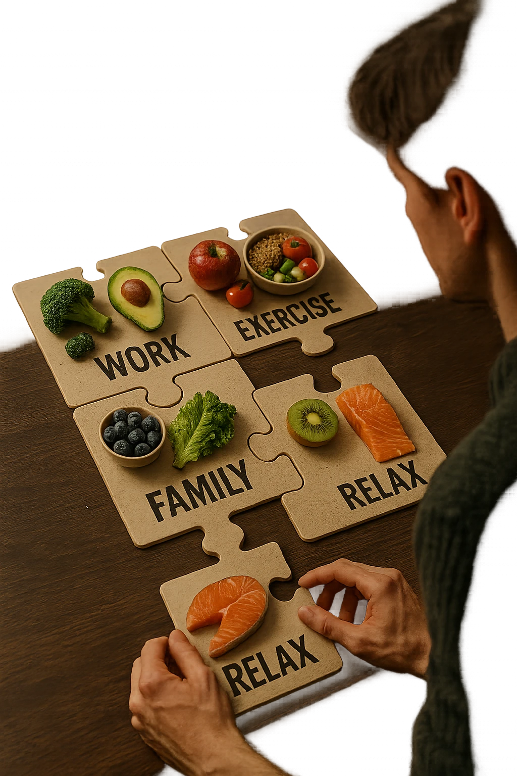 realistica cinematic photo a person is surrounded by puzzle pieces, each representing a different aspect of their life (Lavoro, Esercizio, Famiglia, Relax), and healthy foods are integrated into each piece. The person assembles the puzzle, creating a complete, personalized nutrition plan. The mood is uplifting and creative. in italiano emoji