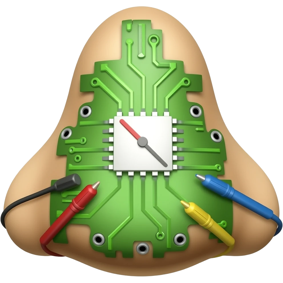 An icon featuring circuit boards, glowing wires, and a multimeter, nose form emoji