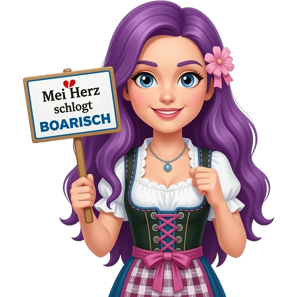 girl with long purple hair wearing a dirndl holding a Mei Herz schlogt BOARISCH sign emoji