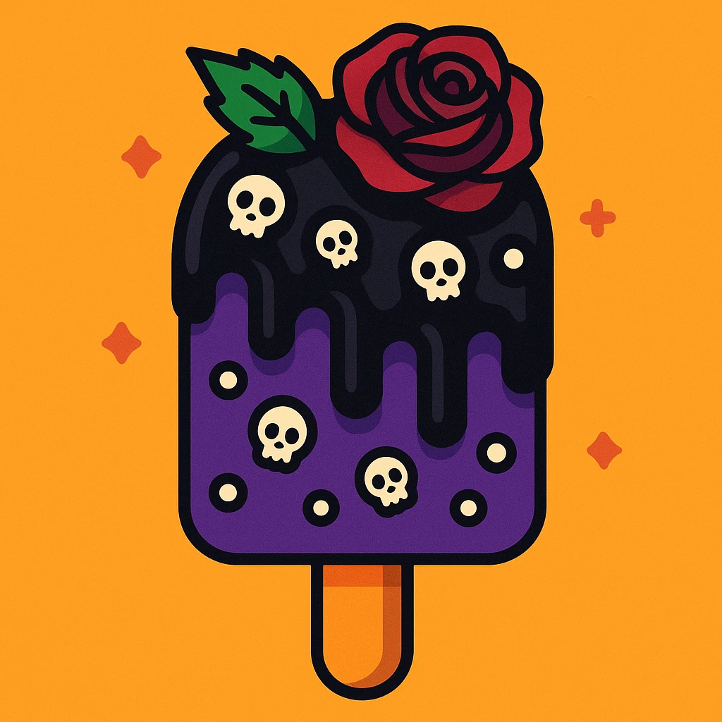 Gothic ice cream with black chocolate drizzle, tiny skull sprinkles, and a dark rose on top in a vibrant toon style. emoji