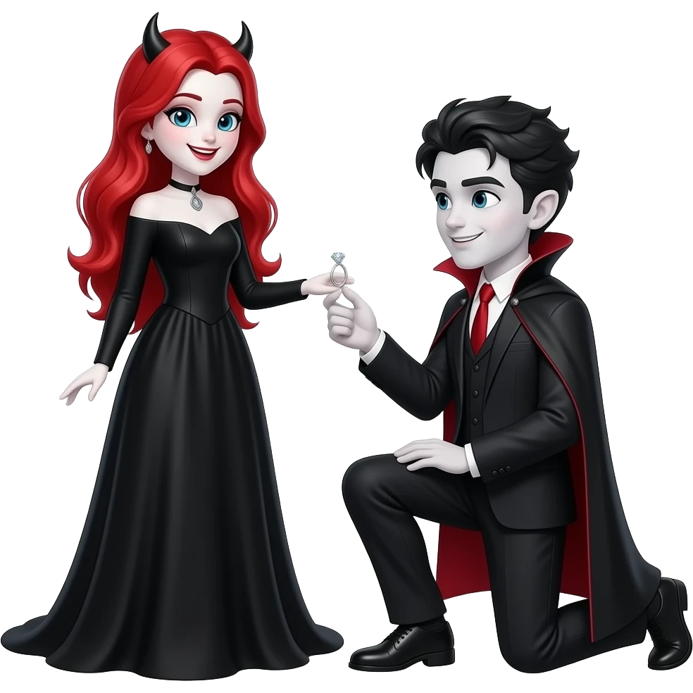 Vampiro femmina ADOLESCENTE con pelle bianca e capelli rossi lunghi indossa un vestito nero LUNGO con le maniche lunghe e il suo ragazzo VAMPIRO ADOLESCENTE con la pelle bianca  si inginocchia e le chiede di sposarlo con un anello d'argento con un diamante ed la ragazza e felice guarda lui emoji