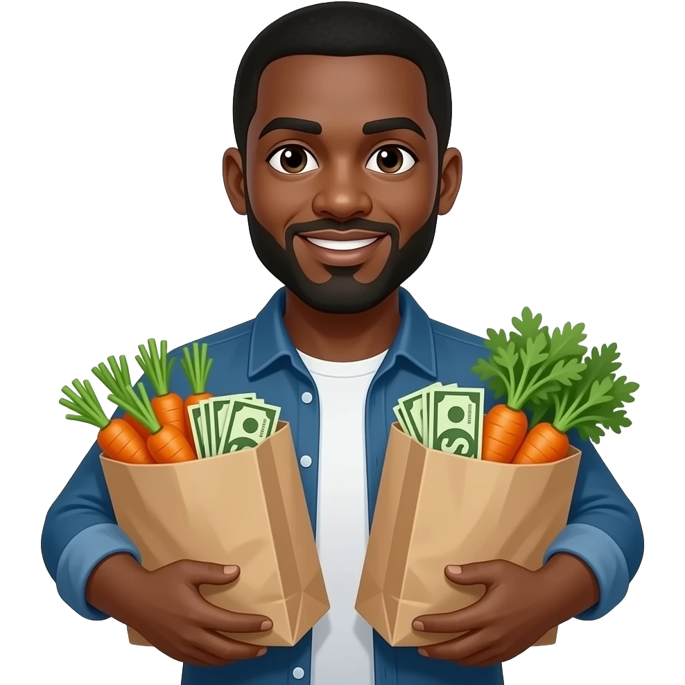 Black man holding grocery bags full of carrots and money emoji