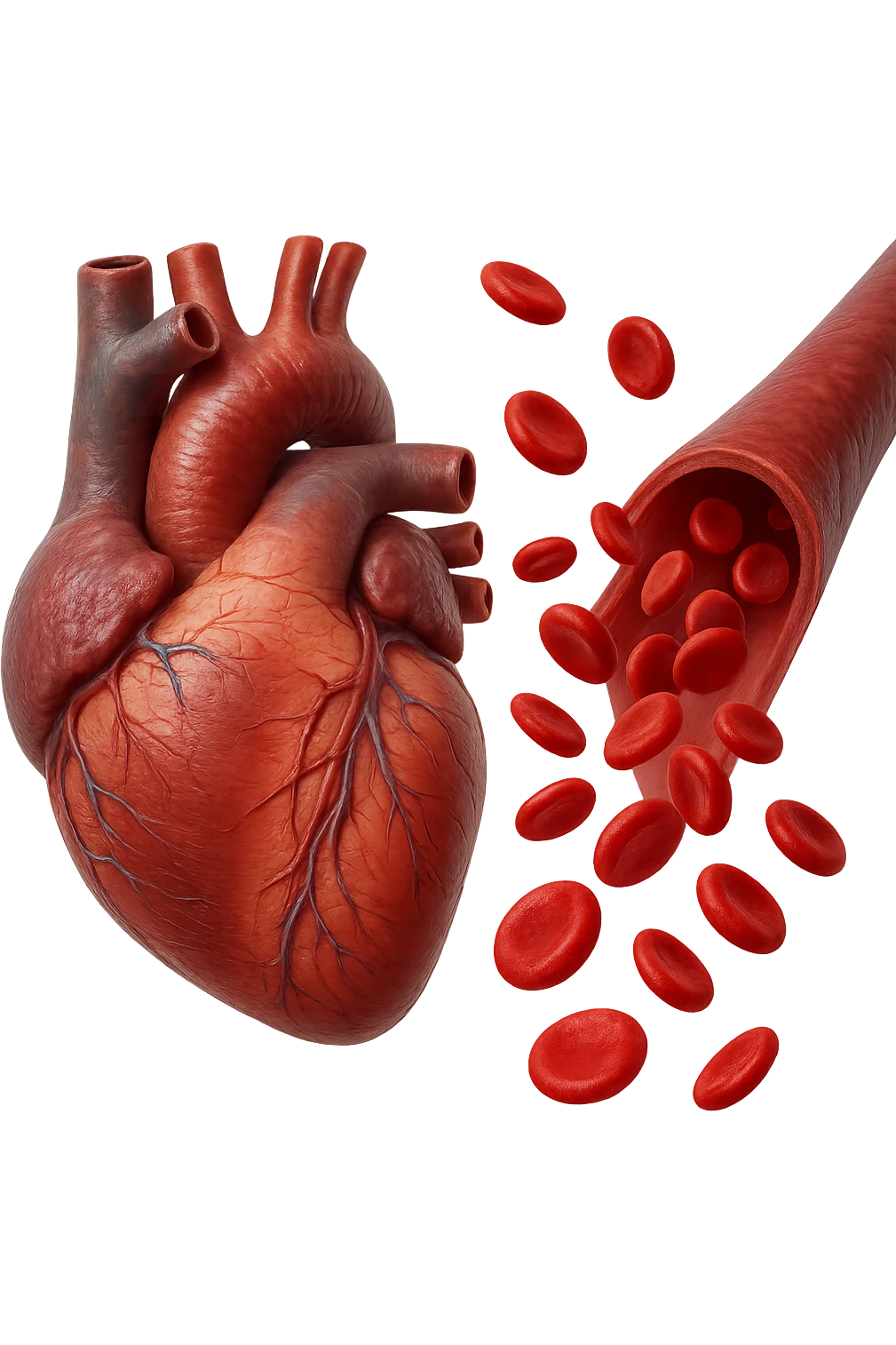 cuore anatomico umano fluttuano in aria insieme ad una vena umana con globuli rossi , iperrealistiche 4k emoji
