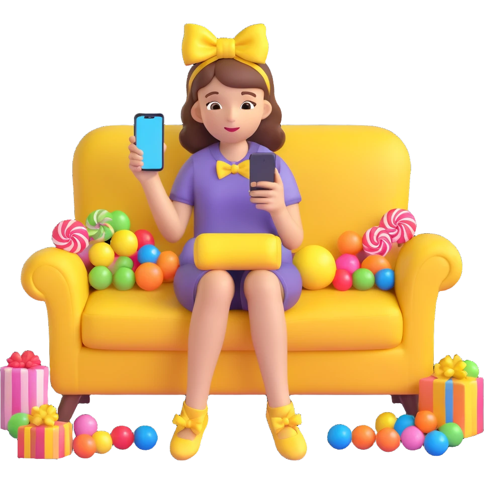 A girl sitting on a couch with a cat, holding a smartphone, with a yellow bow on her head, surrounded by candy, in a warm, cozy setting. emoji