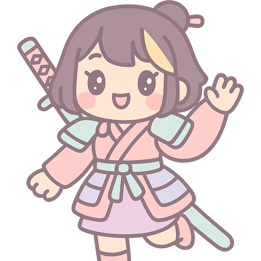 kawaii samurai girl with short hair and one streak of blonde in her hair, playful pose, kimono with armor accents, blushing cheeks emoji