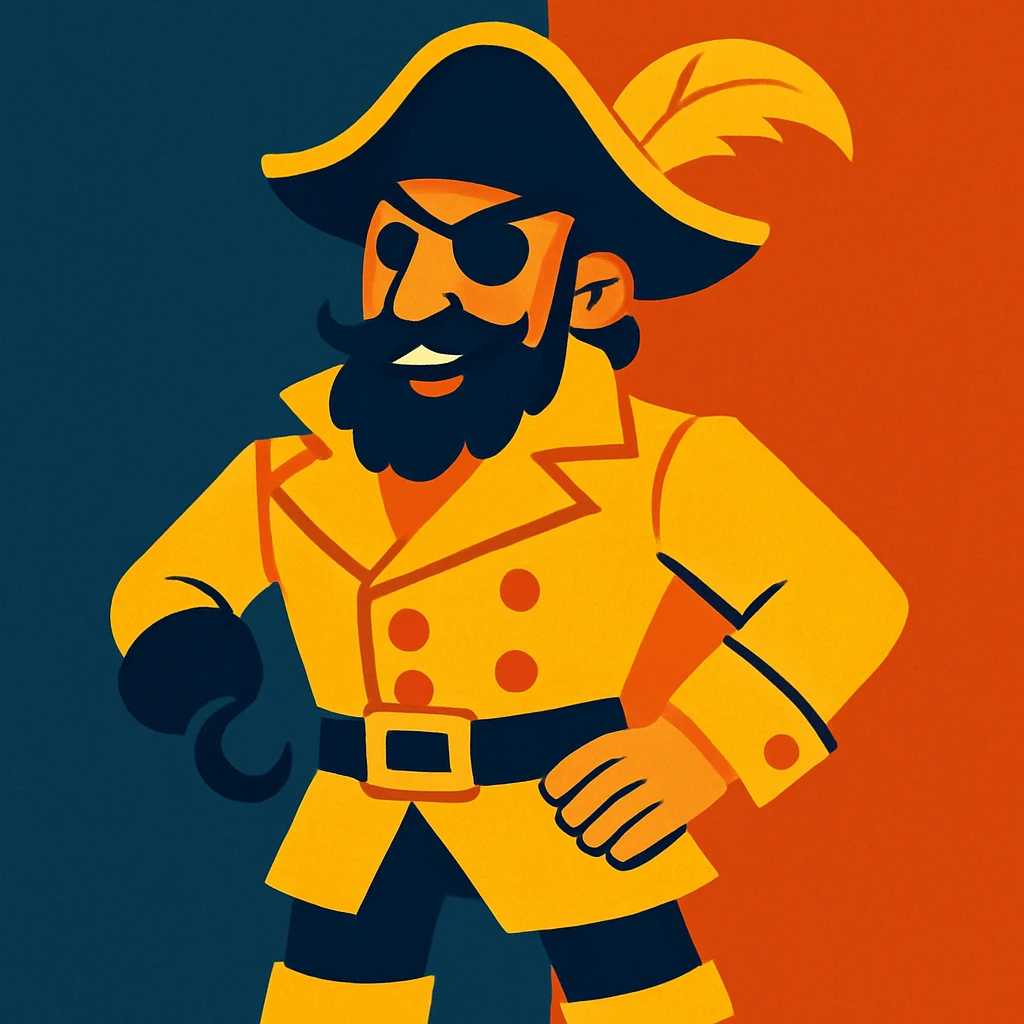a pirate in a golden uniform and a hat with a golden feather, vibrant toon style emoji