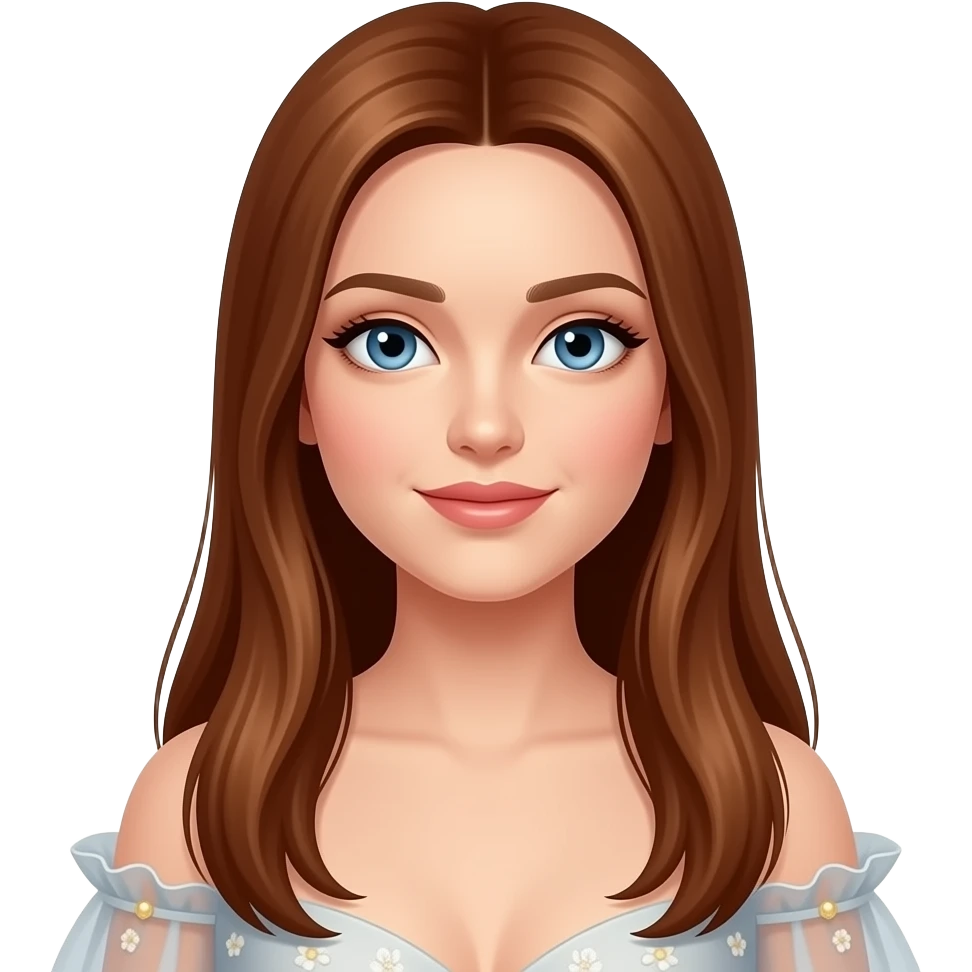 femme, cheveux longs chatains/roux lisses, yeux bleus, en belle robe emoji