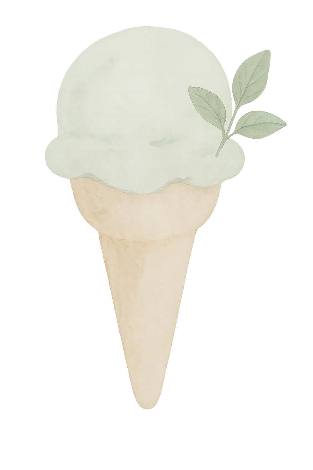 mint ice cream cone with rounded cone, light green ice cream with brush strokes, delicate mint leaves, watercolor style emoji