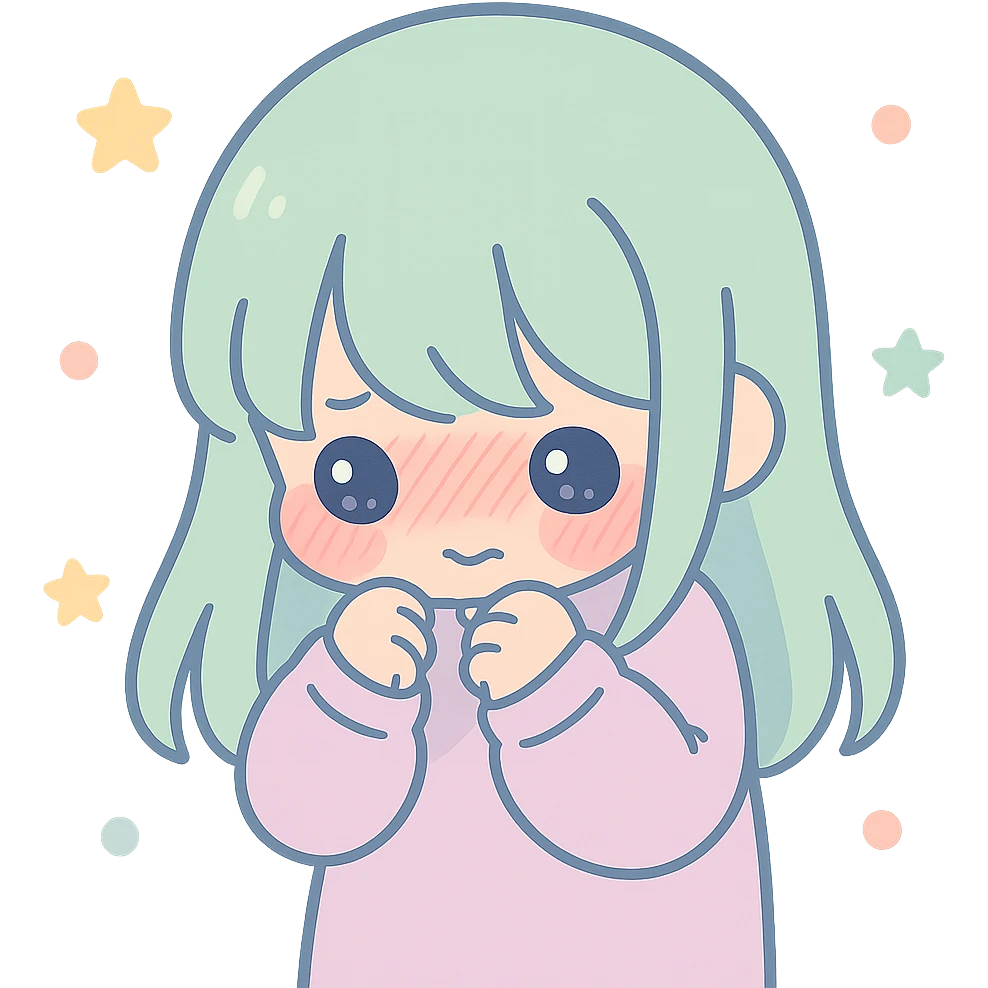 anime style character with head down, hiding behind hair, visibly embarrassed, blushing, shy posture emoji
