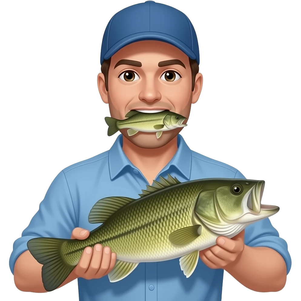 a guy with a blue shirt and blue hat holding a largemouth bass with another bass in its mouth emoji
