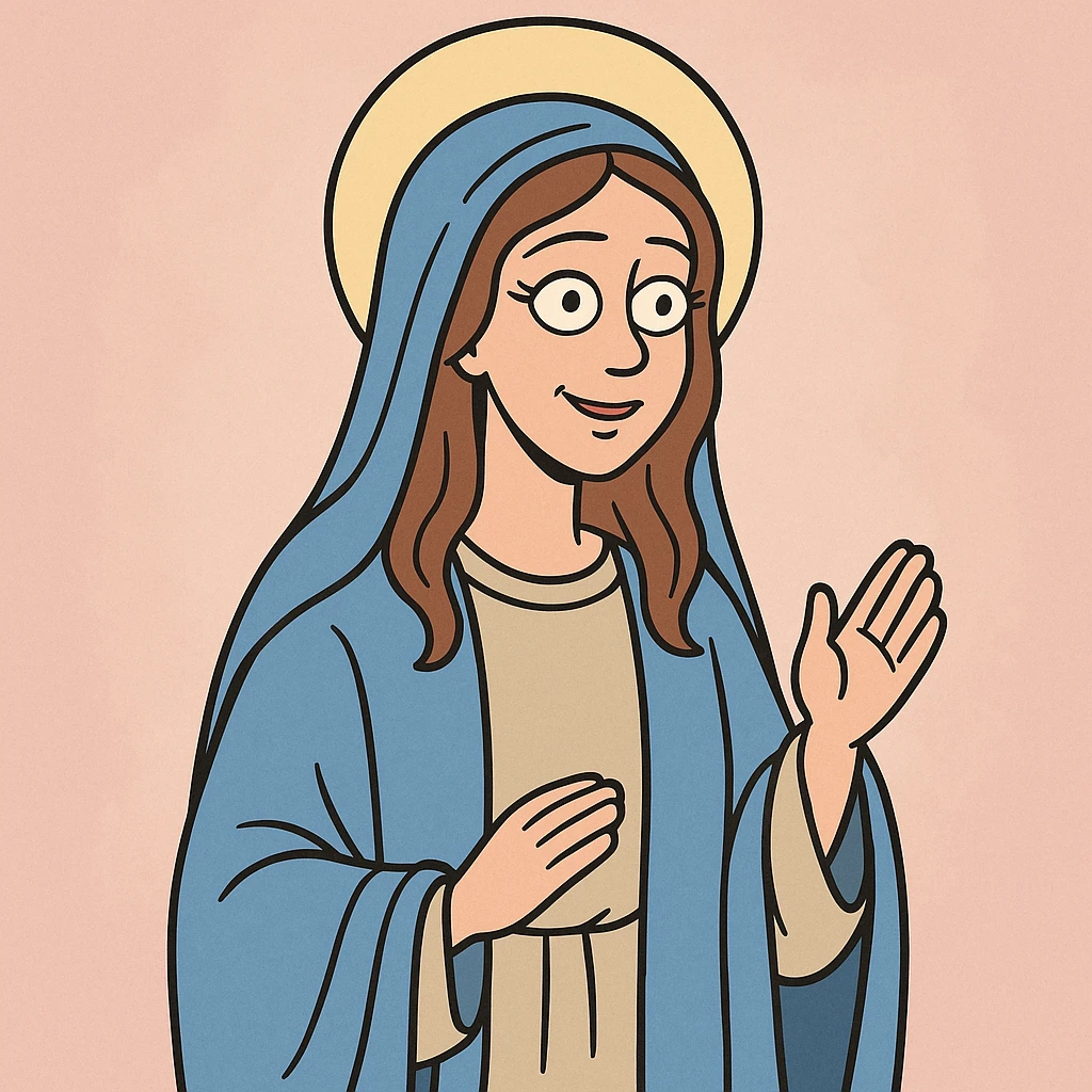 Vierge Marie, style cartoon moderne, couleurs pastel, expression bienveillante, manteau bleu, auréole simple emoji