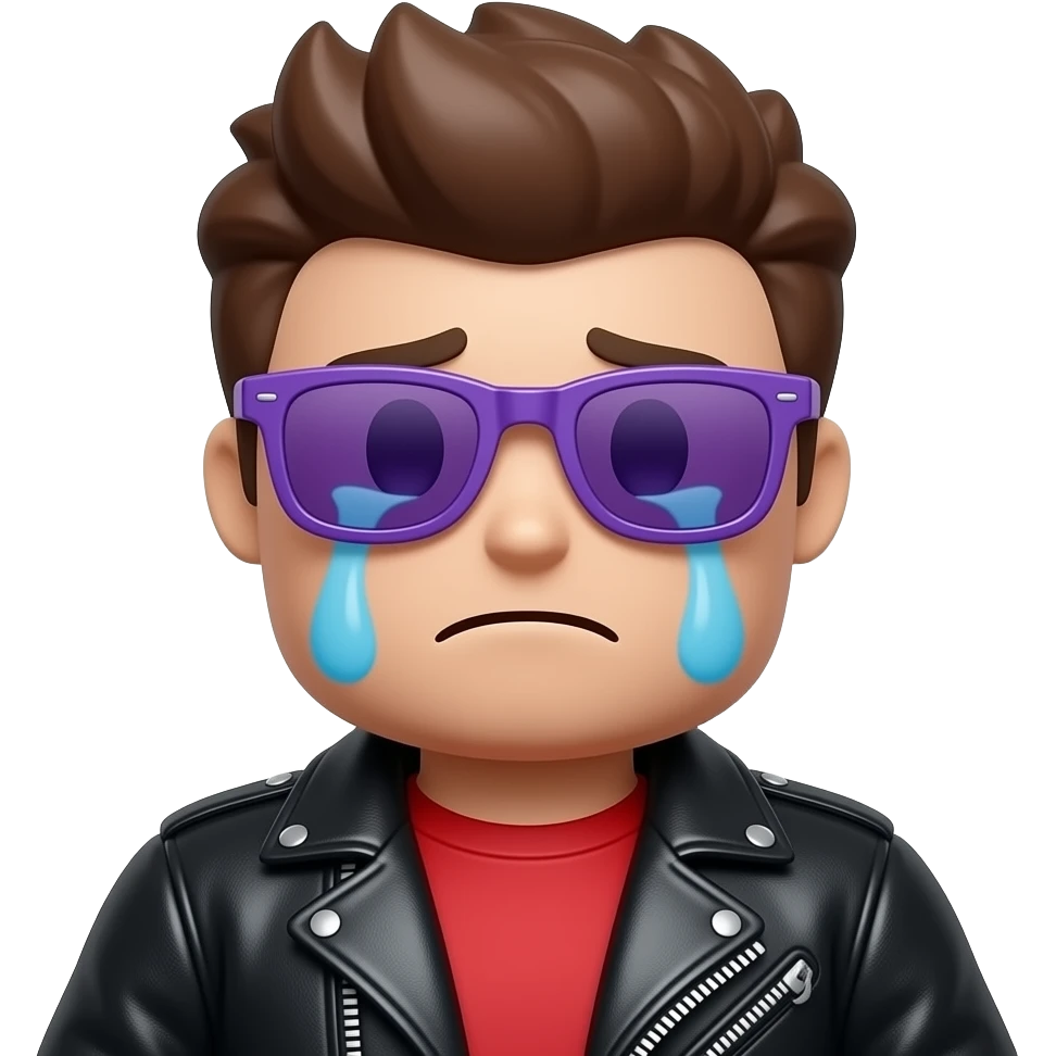Crying Roblox boy avatar emoji, brown hair, purple sunglasses, black leather jacket, red shirt with... emoji