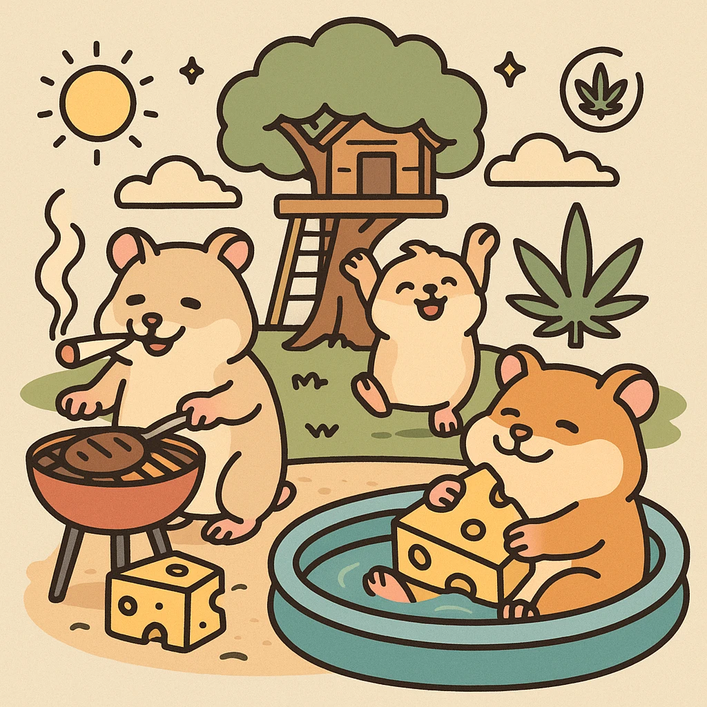 Discord server icon, 512x512 px, square format, summer pool cookout scene with up to 3 hamsters playing and relaxing, weed leaf, cheese, and THC theme, near a treehouse, in space. Flat toon style, soft but colorful, bold outlines, nostalgic, fun, inviting, summer party vibe, clear composition, less vibrant colors, crisp details, designed to look good even at tiny size. emoji