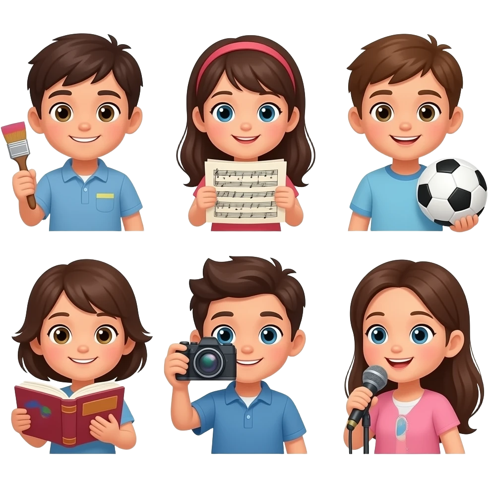 create 5-6 emojis for telegrams in the same style with a transparent background, boys, girls, technique emoji