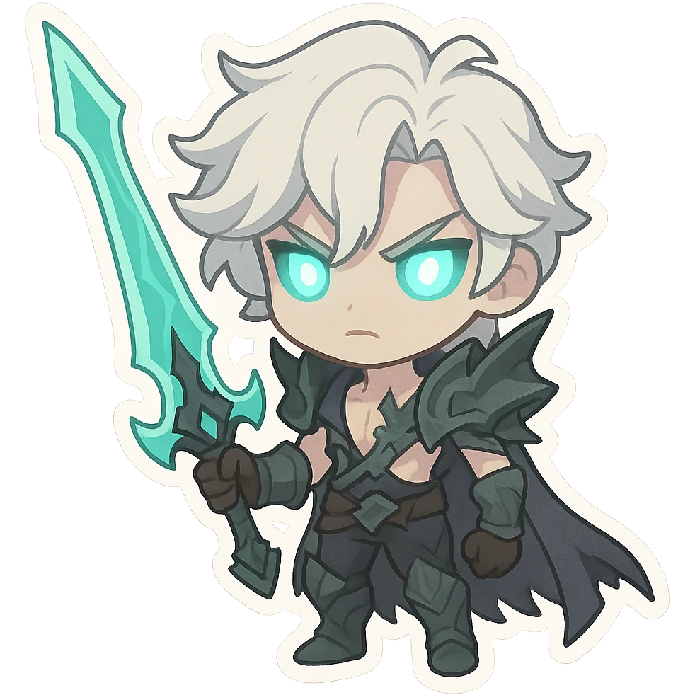 Viego from League of Legends, chibi style, holding his sword, glowing eyes emoji