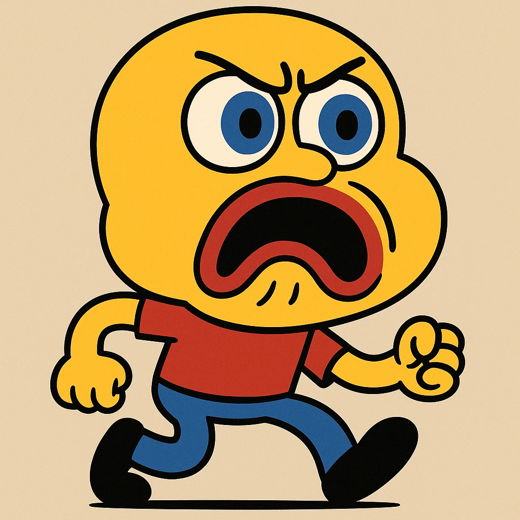 giant yellow head with blue eyes and a gaping, ugly frown, inspired by Igor Bastidas' Letters & Numbers style emoji