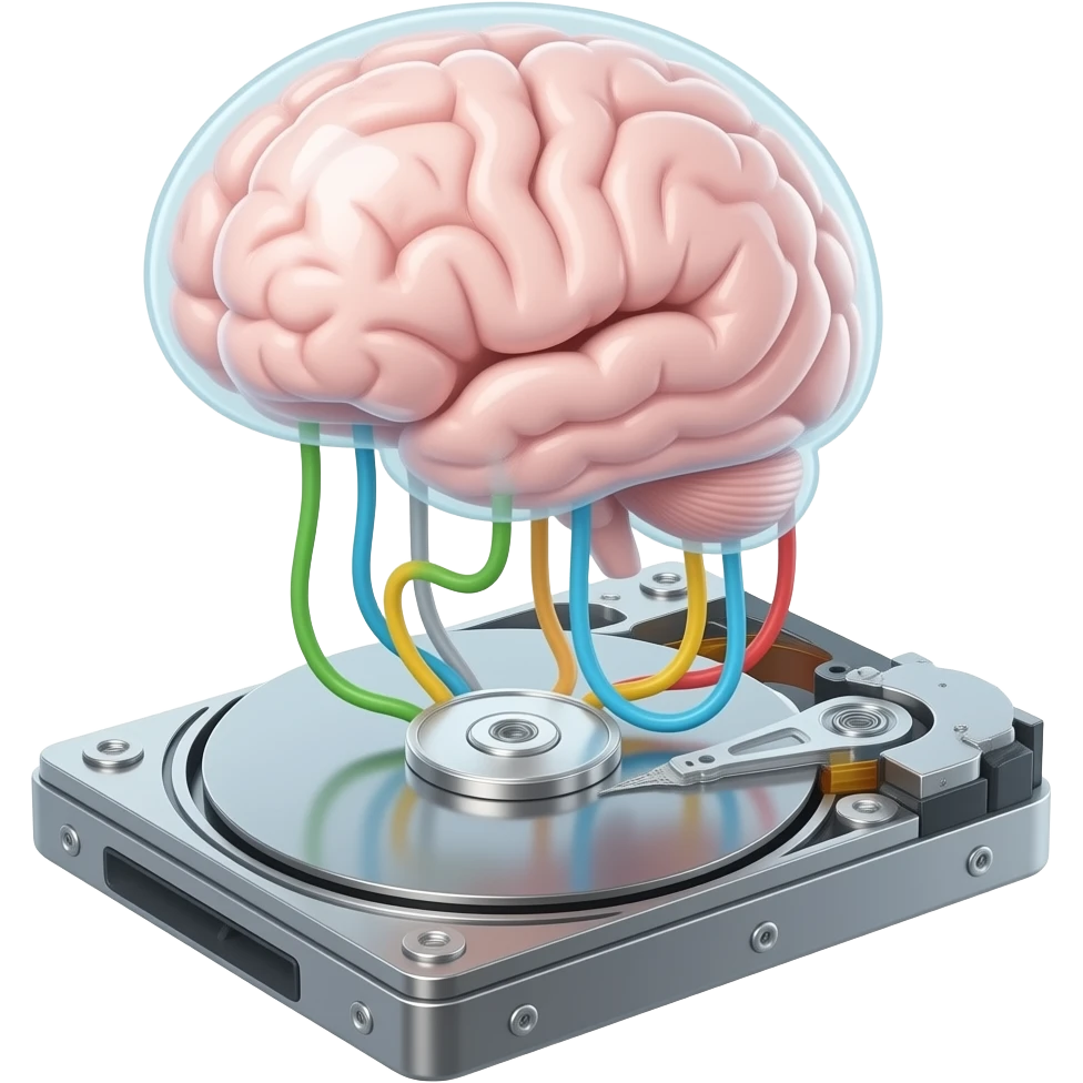 a transparent synthetic brain floats attached to many cables and tubes on a hard drive emoji